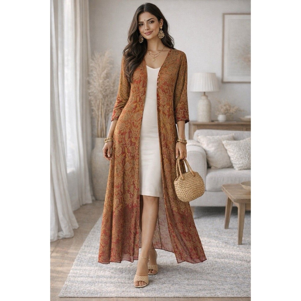 Phool Boho Maxi Kimono Duster Open Front Floral Rust Lightweight Rayon Vintage